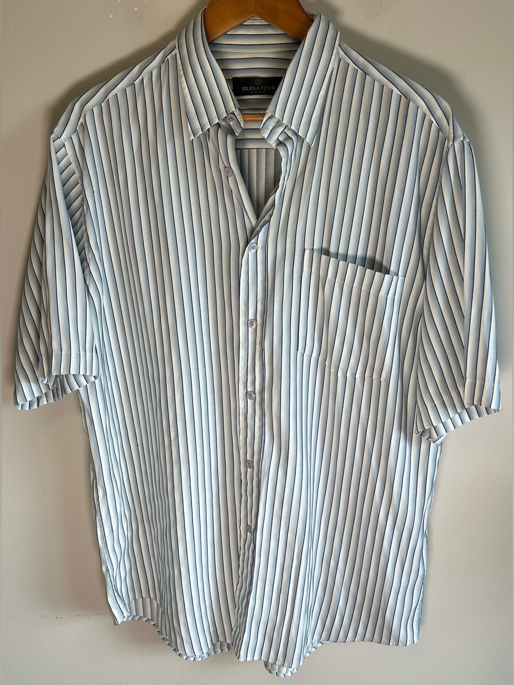 Bugatchi Uomo Men’s Button Up Shirt L Multi Track Shaded Stripes Modal Rayon VTG